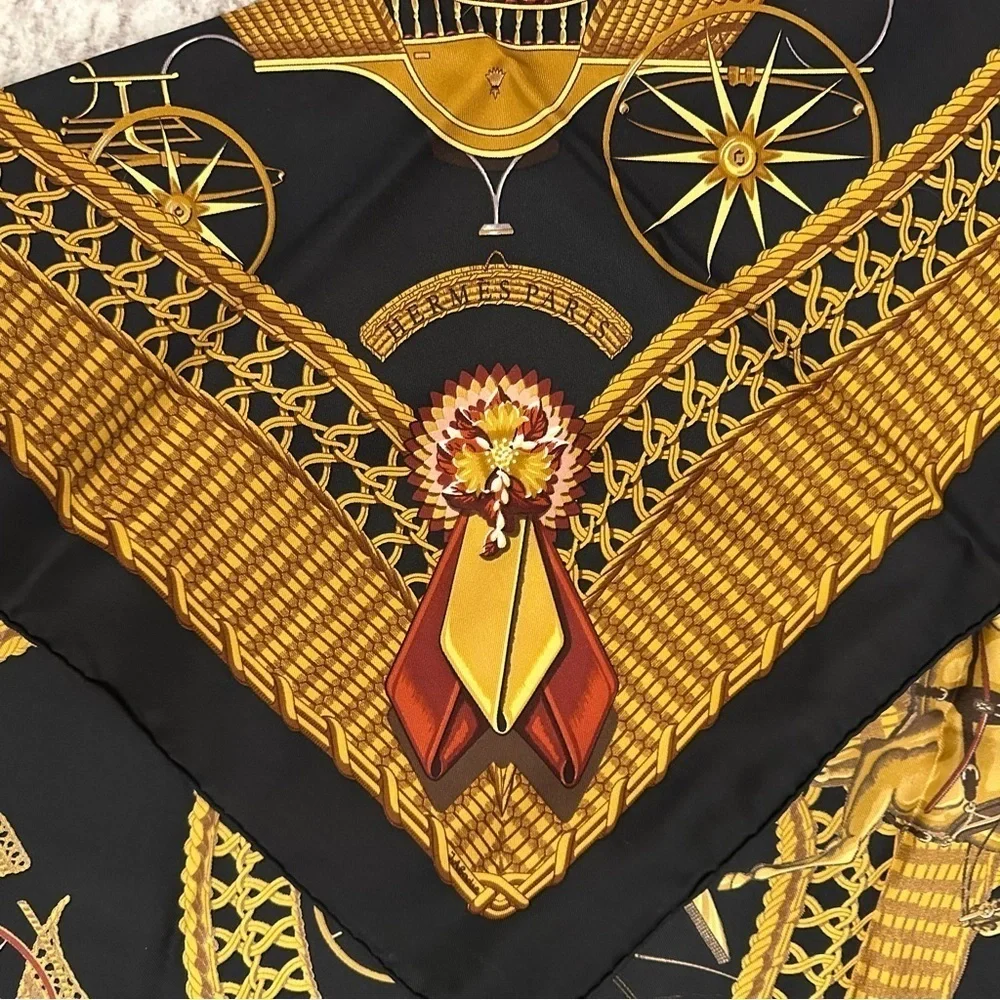 Hermes Black Voitures Paniers by J Abadie Silk Scarf France black gold red 35x35
